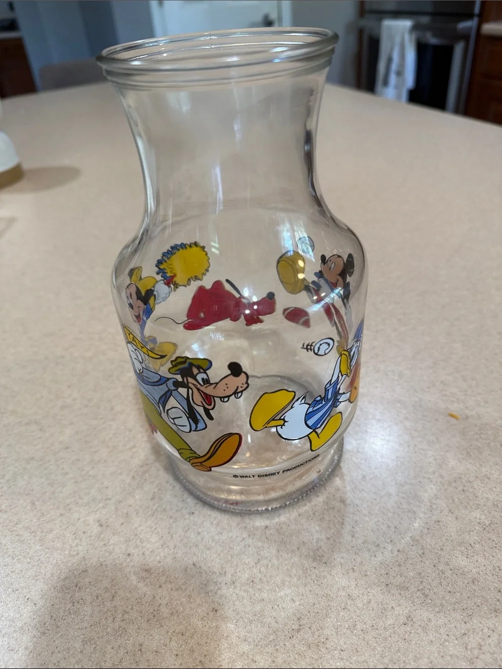 Vintage Disney Clear Glass Carafe with Multi-Color Character Prints
